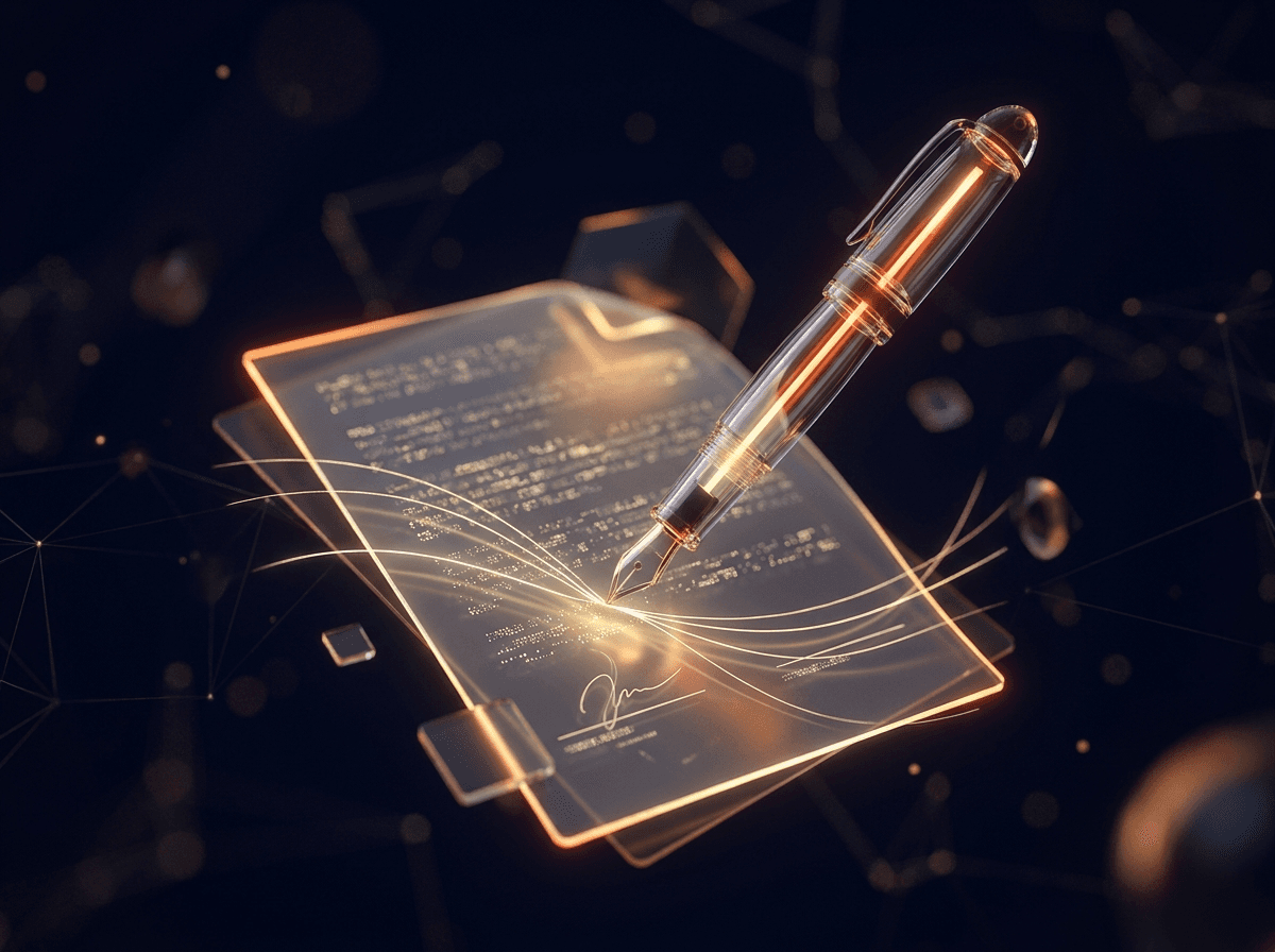 Glass pen signing a glowing document